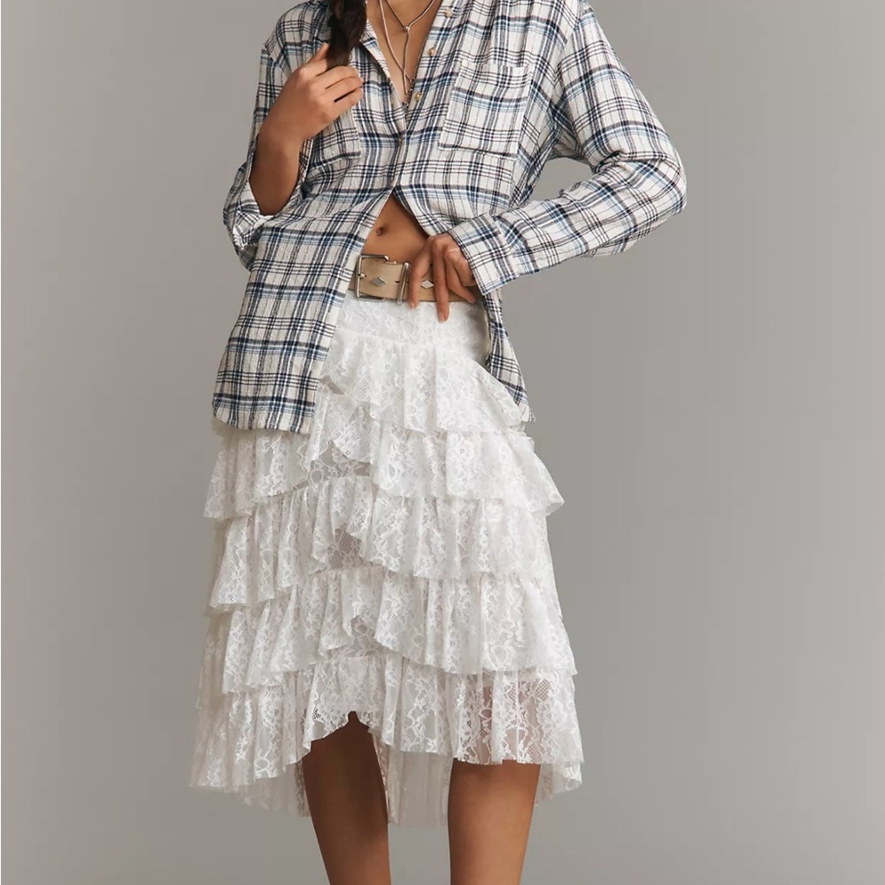 Anthropologie White Tiered Lace Asymmetrical Skirt